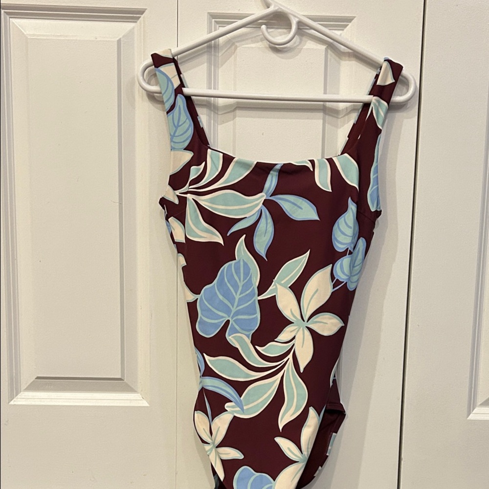 Shade & Shore Burgundy Floral One-Piece Swimsuit with Blue and Cream Leaves